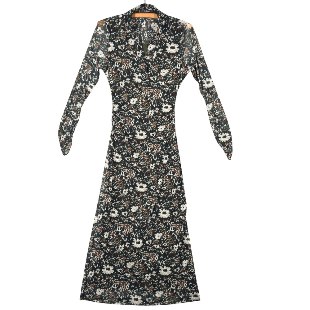 Madewell Chandra Midi Mesh Ruched Long Sleeve Dress Floral Black Brown White M